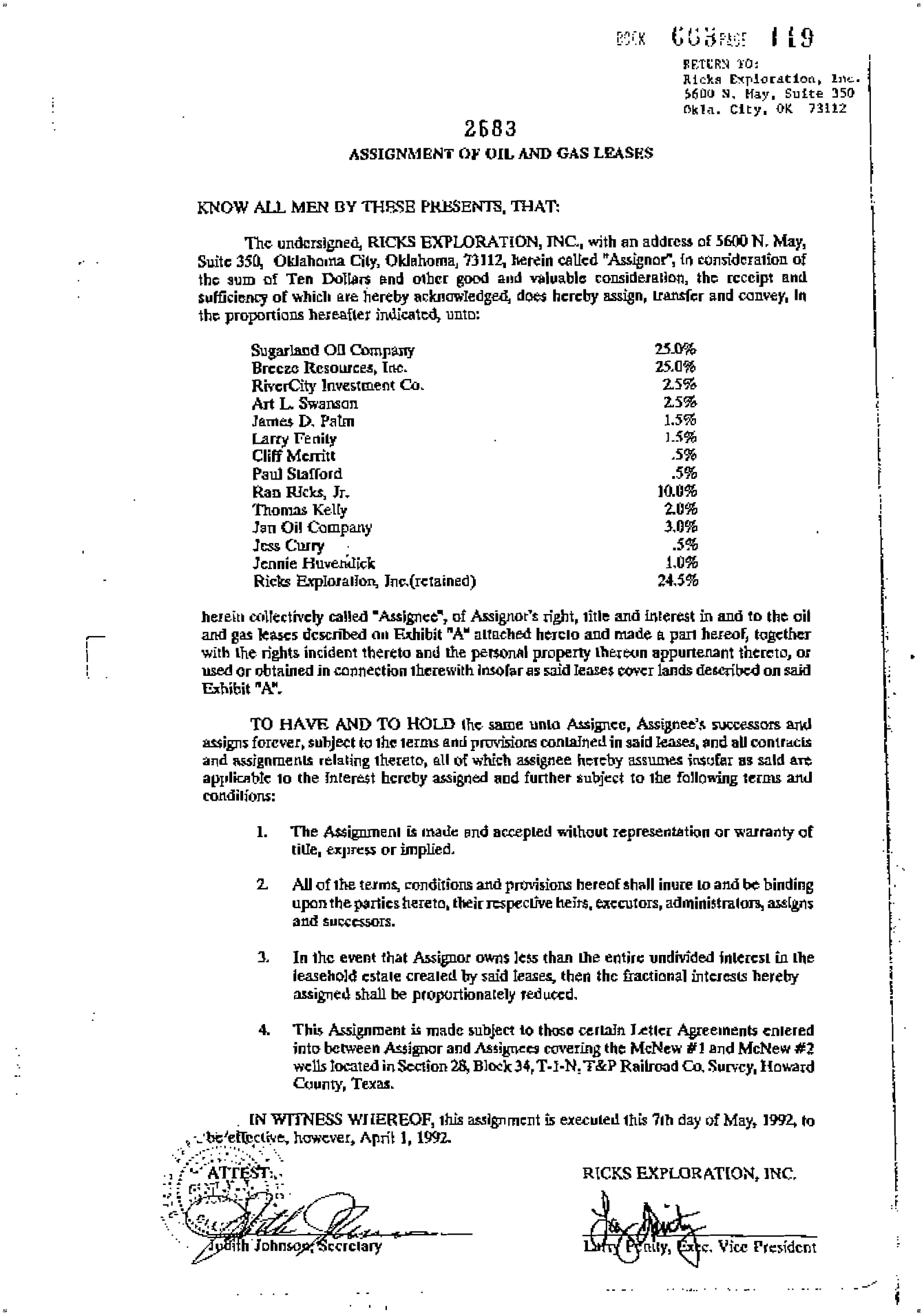Ricks Exploration Inc. - Recorded Dr Vol: 663 Pg: 119; Assignment (Doc #DOCC00002683-DR-663-119)