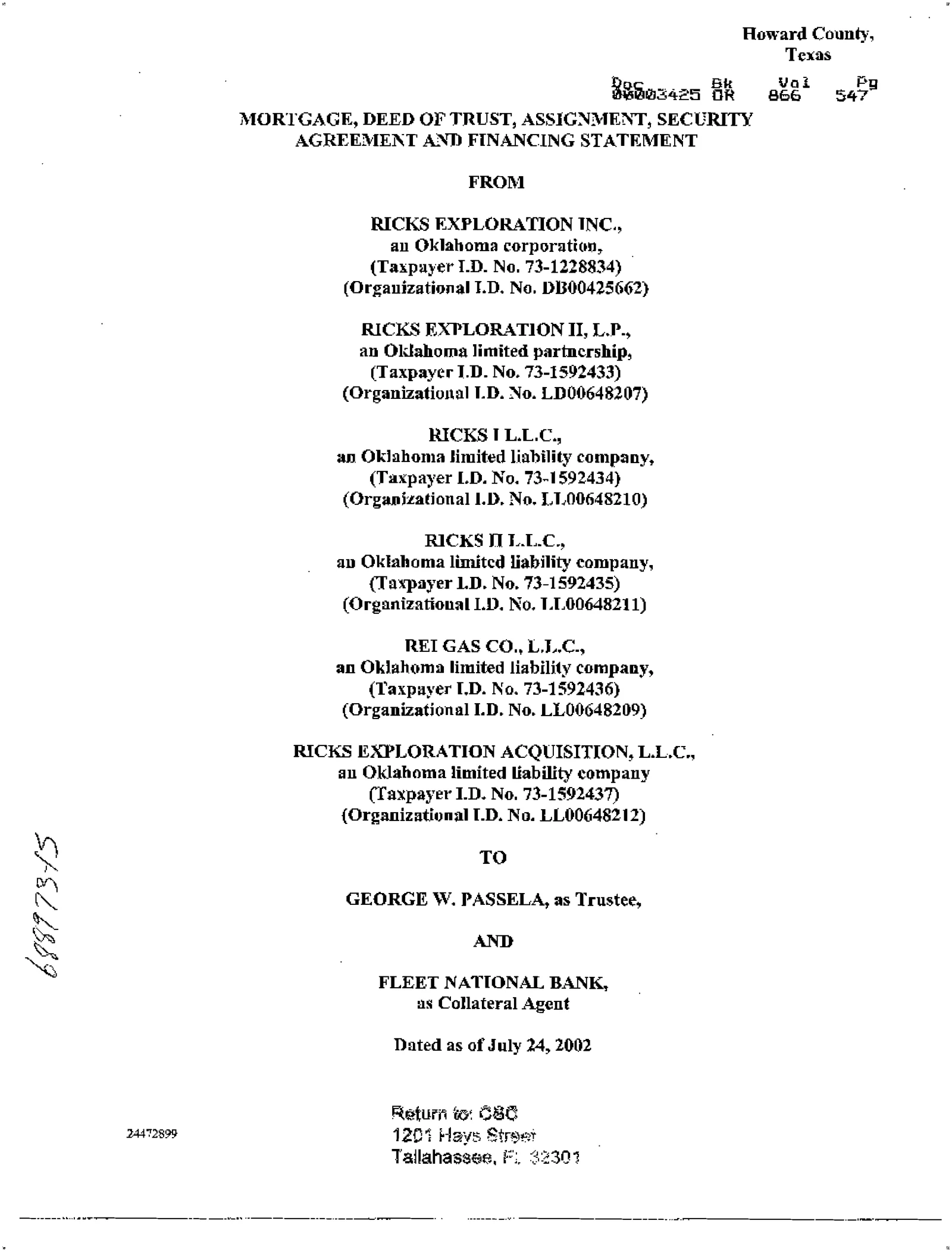 Ricks Exploration Inc. - Recorded Or Vol: 866 Pg: 547; Deed Of Trust (Doc #DOCC00003425-OR-866-547)